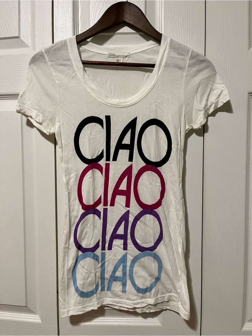 Forever 21 White Tee with Black, Pink, Purple & Light Blue 'CIAO' Print
